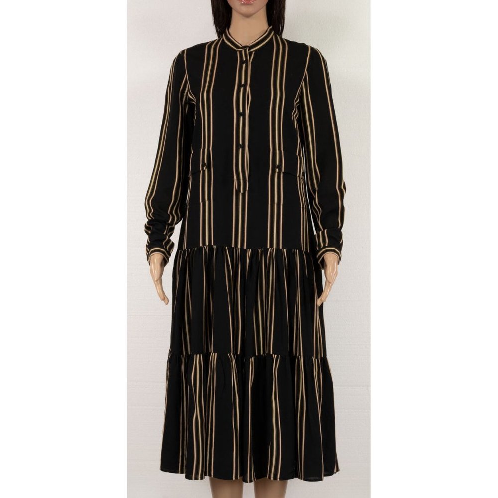 AKRIS PUNTO LONG BLACK DRESS WITH BEIGE STRIPES SIZE US4